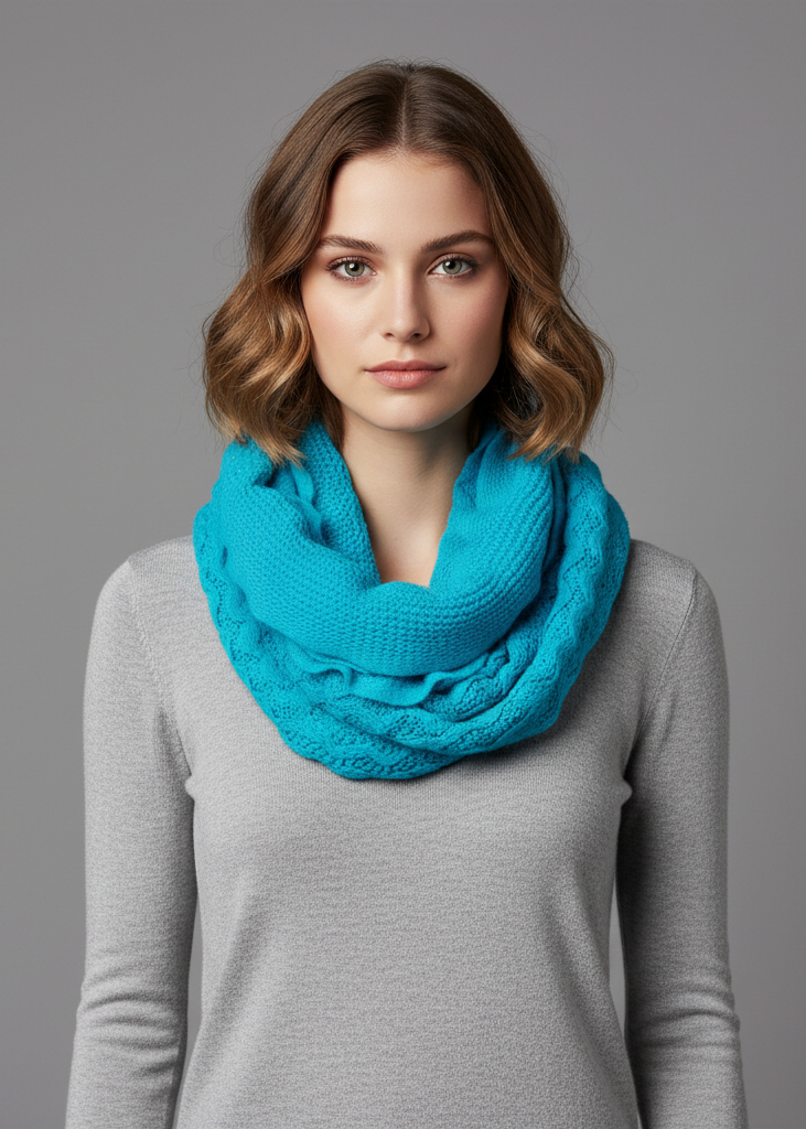 Turquoise peach ruffle edge thick knitted circle infinity loop scarf.