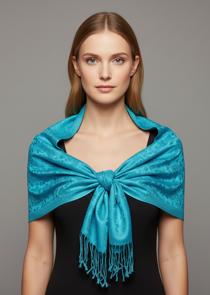 Elegant vintage turquoise and peach solid jacquard paisley scarf shawl wrap for women.