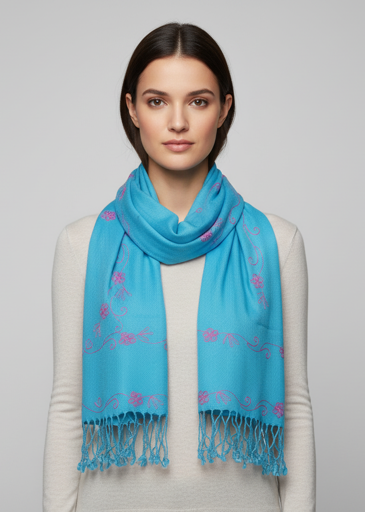 Turquoise vintage pashmina shawl with intricate hand-embroidered floral patterns and decorative fringe edges