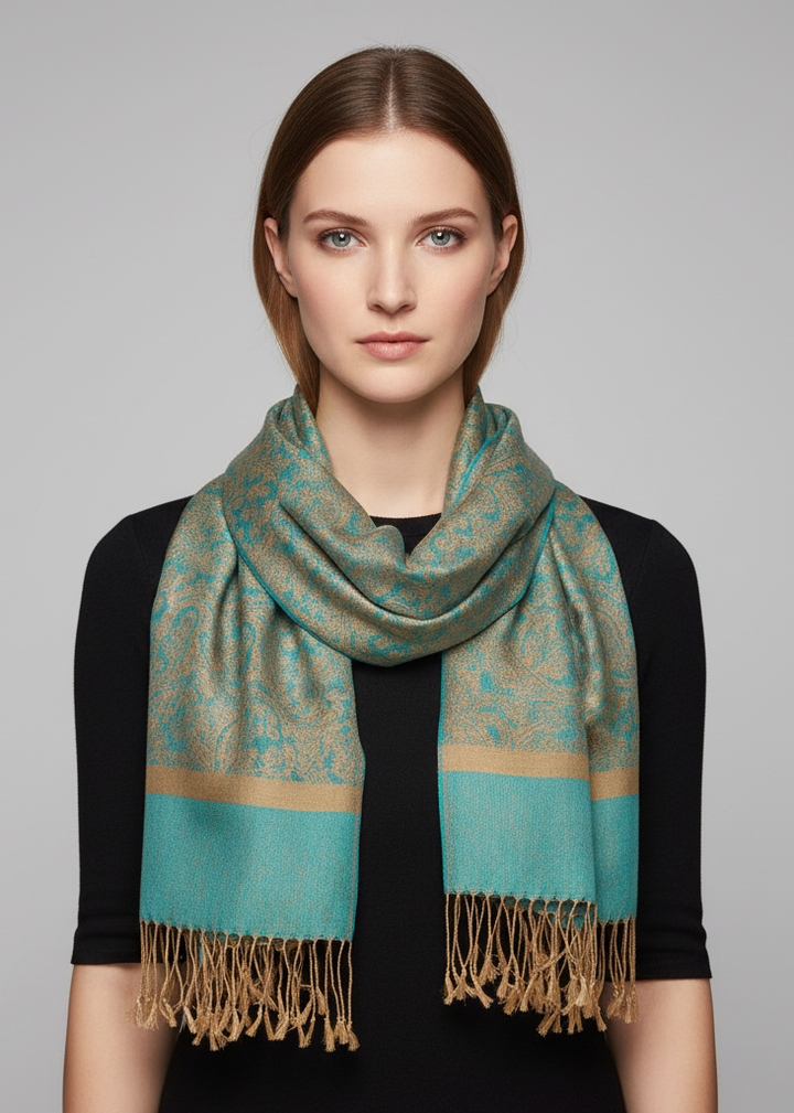 Elegant turquoise and gold vintage jacquard paisley shawl with intricate patterns and fringe.