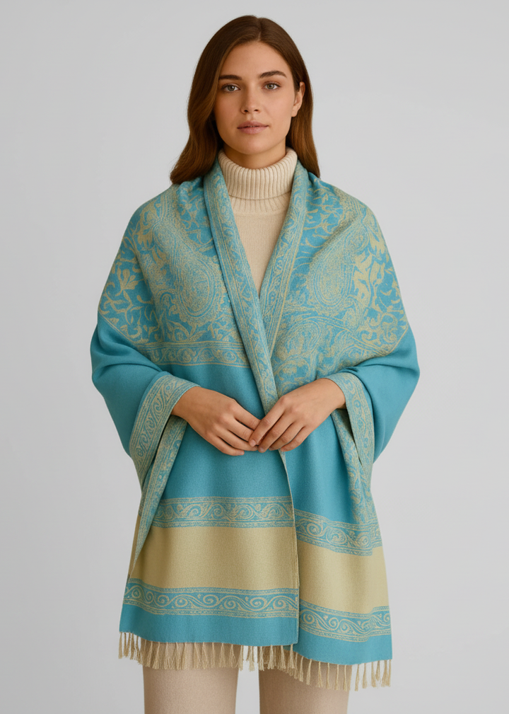 Turquoise and tan reversible paisley pashmina shawl with a thick 4-ply weave and fringe trim.