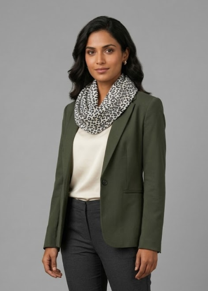 Lightweight retro fashion infinity loop scarf featuring a two-tone animal print on a white background.