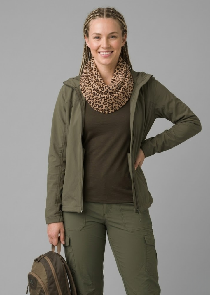 Stylish women's retro infinity loop scarf featuring a tan and white two-tone animal print pattern