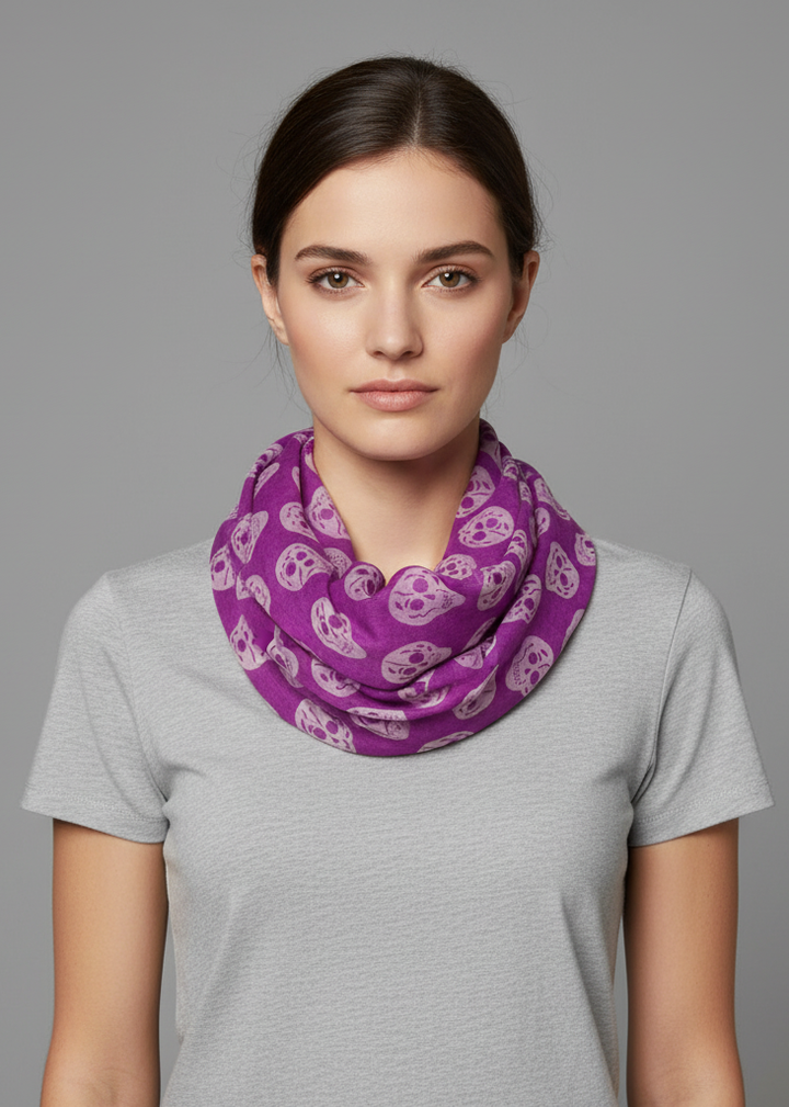 Purple lightweight skull design infinity loop scarf for unisex fashion and accessories.