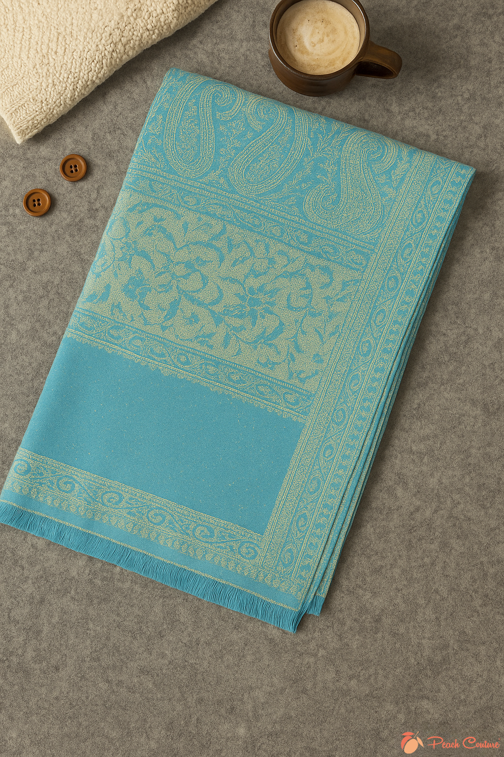 Turquoise & Tan Thick 4-Ply Reversible Paisley Pashmina Shawl