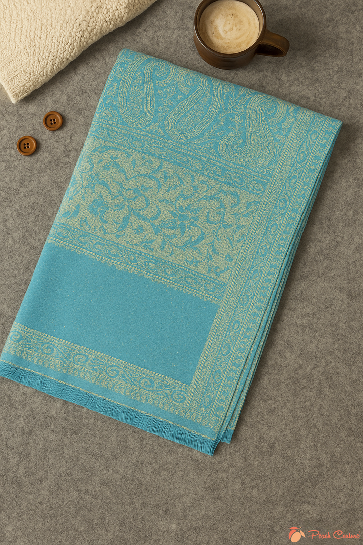 Turquoise & Tan Thick 4-Ply Reversible Paisley Pashmina Shawl
