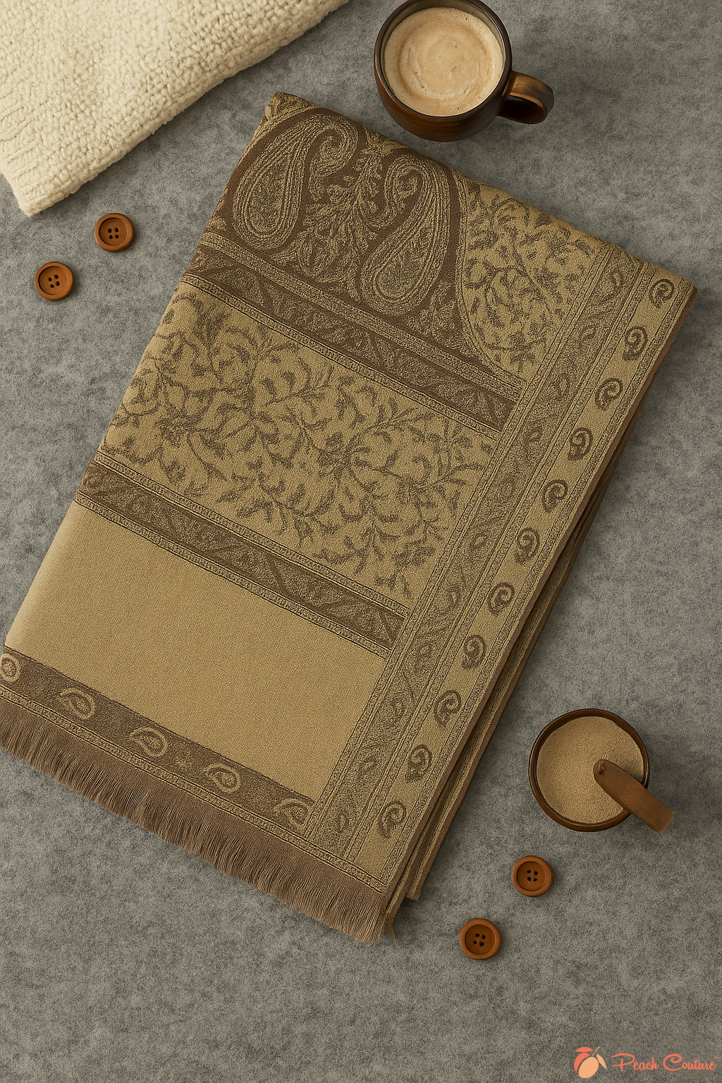Brown & Tan Thick 4-Ply Reversible Paisley Pashmina Shawl