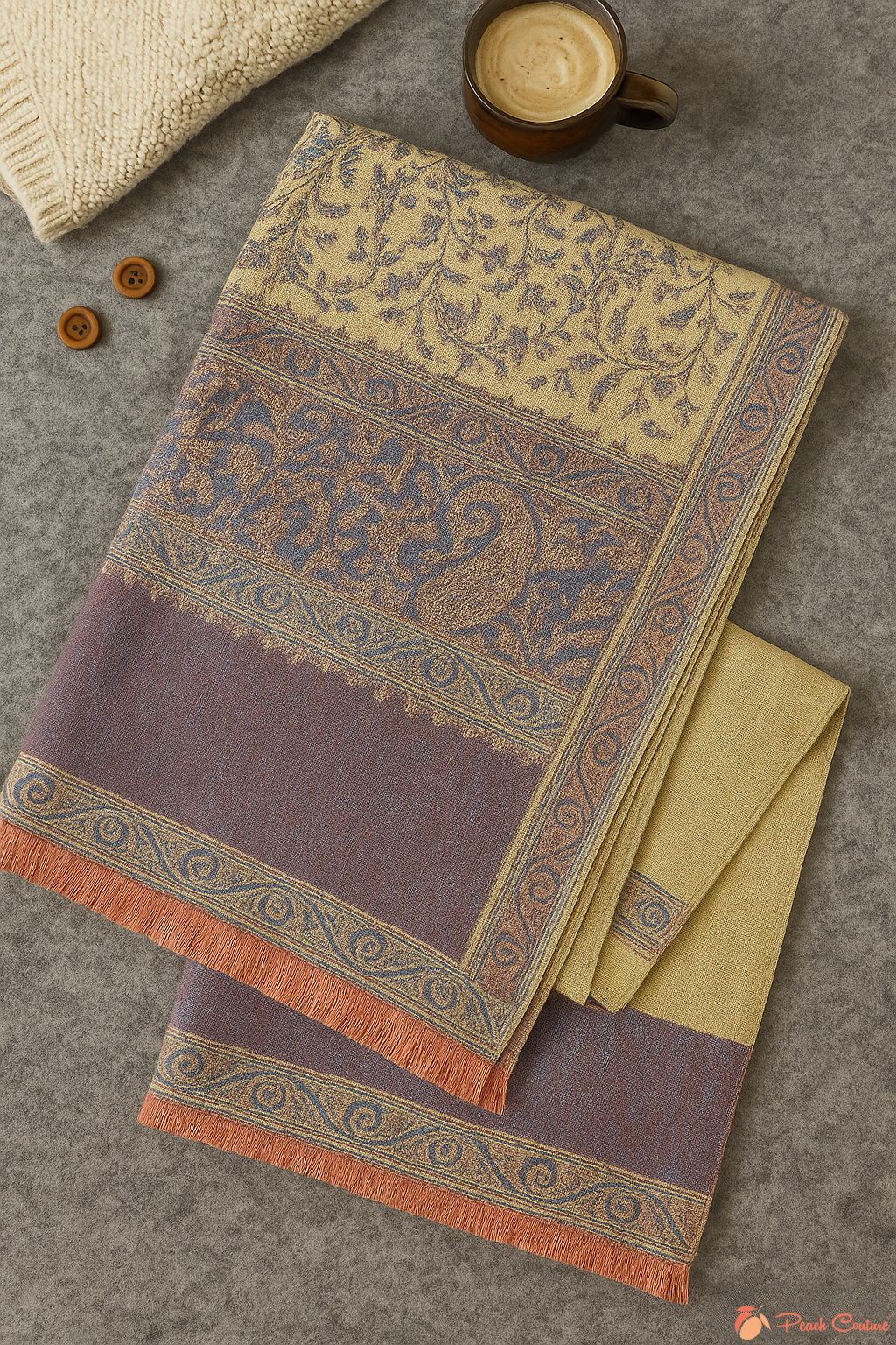 Purple & Coral Thick 4-Ply Reversible Paisley Pashmina Shawl