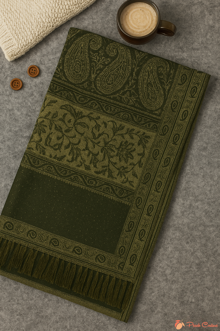 Dark Green & Tan Thick 4-Ply Reversible Paisley Pashmina Shawl