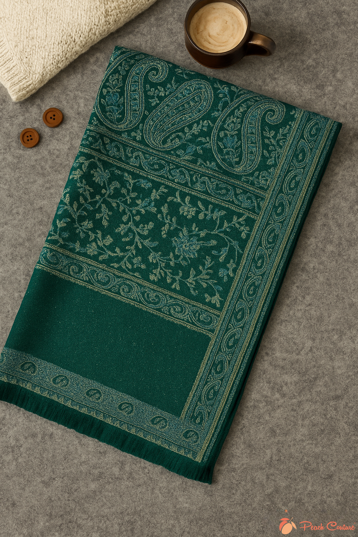 Forest Green & Tan Thick 4-Ply Reversible Paisley Pashmina Shawl