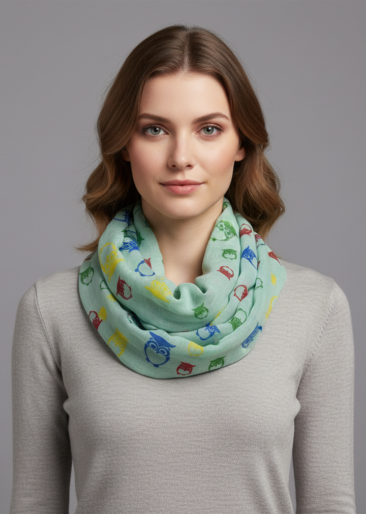 Vibrant rainbow colorful lightweight boho owl print infinity loop scarf for women.