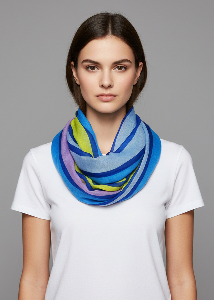 Vibrant striped multicolor infinity loop scarf for fashionable winter accessory.