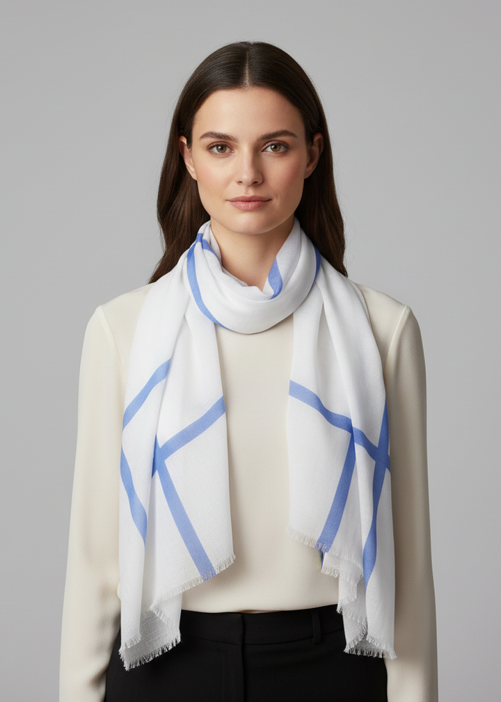 Vintage-style block stripe cotton blend scarf with a soft texture, suitable for use as a shawl or wrap.