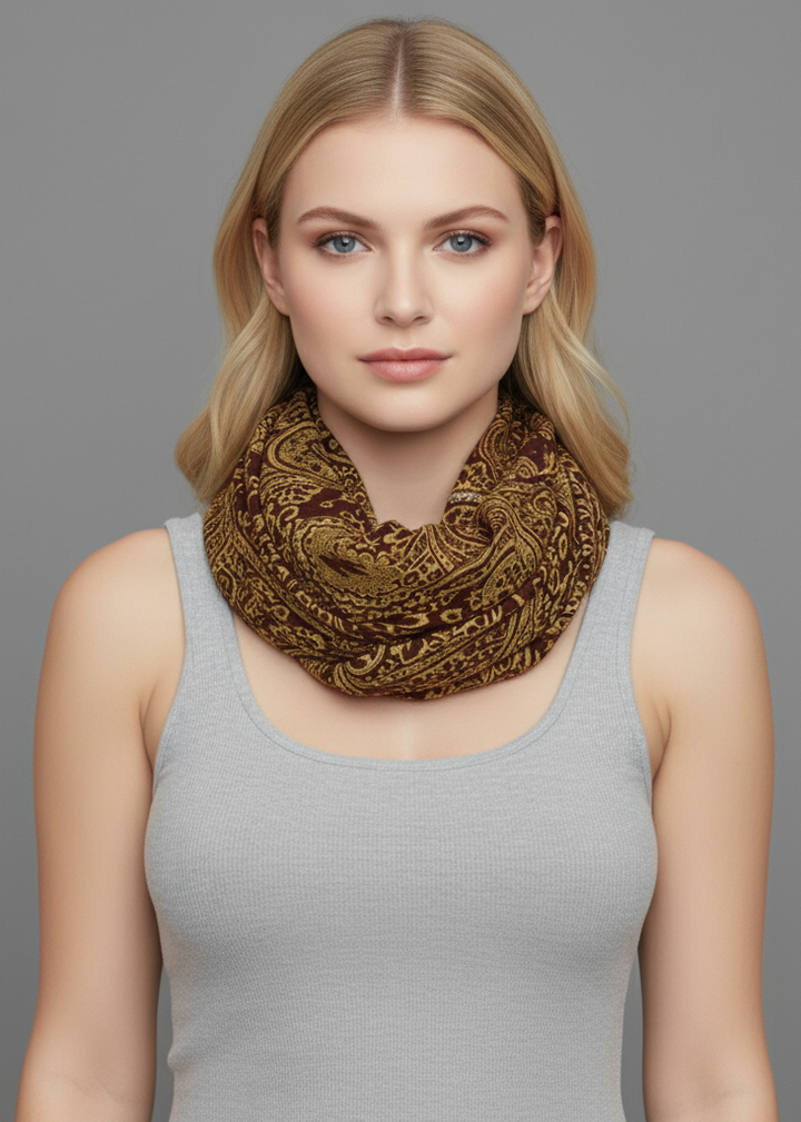 Vintage brown paisley fashion infinity loop scarf for women featuring a lightweight breathable fabric and classic pattern.