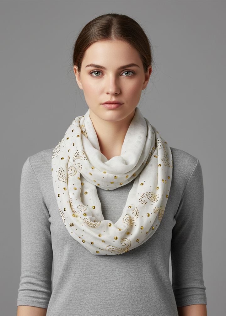 Tan vintage embellished paisley sequin infinity loop scarf with gold studded patterns for women.