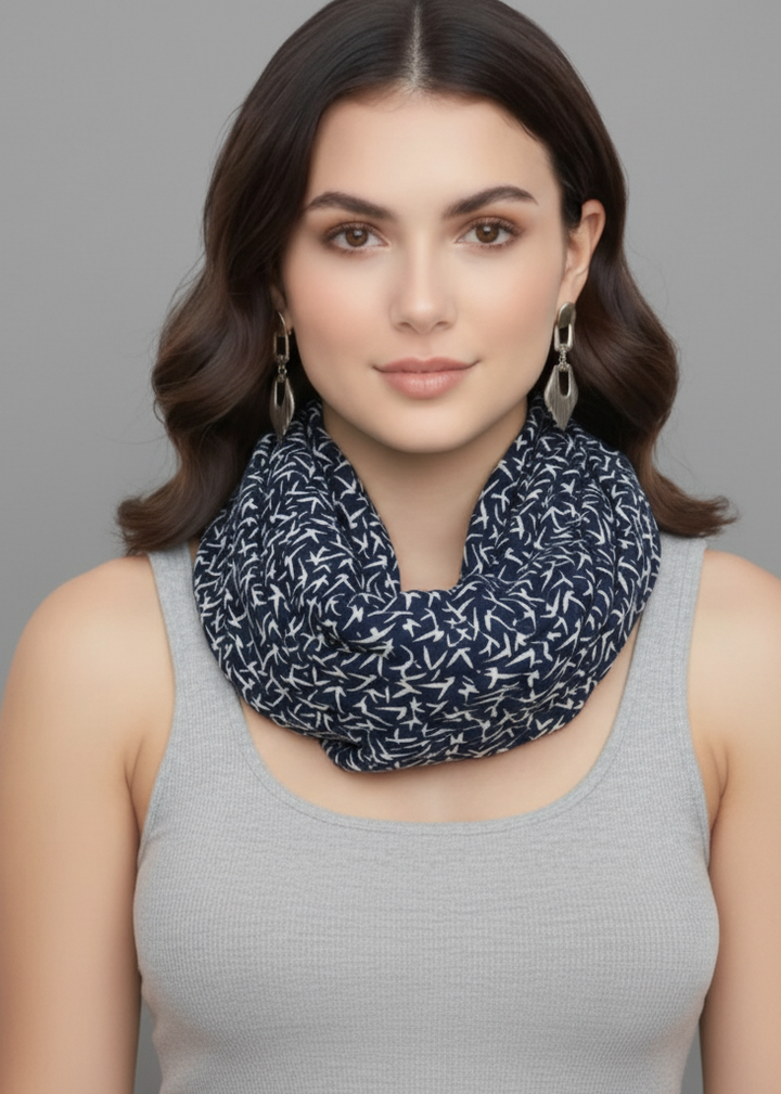 Vintage fashion infinity loop scarf featuring a funky bird print pattern for women