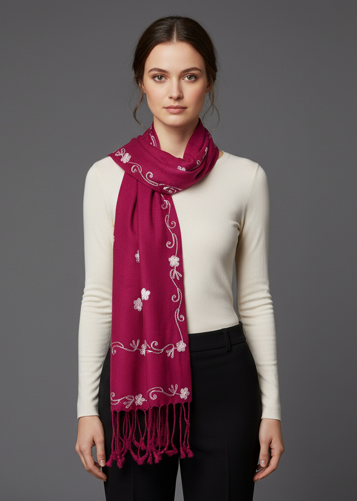 Sheer lightweight summer shawl featuring delicate floral embroidery and a semi-sheer fabric finish.