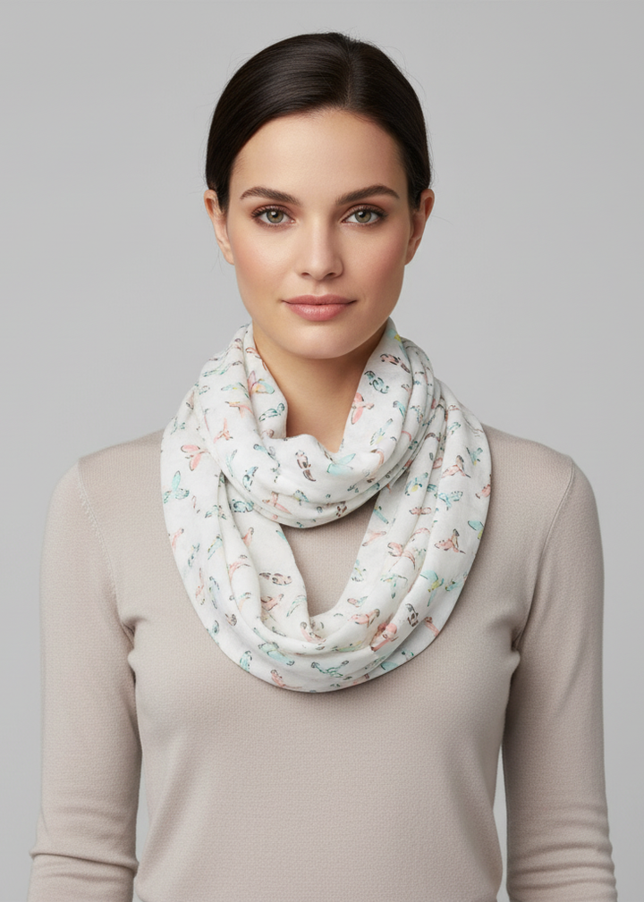 Sheer white infinity loop scarf featuring a vintage graphic bird print pattern