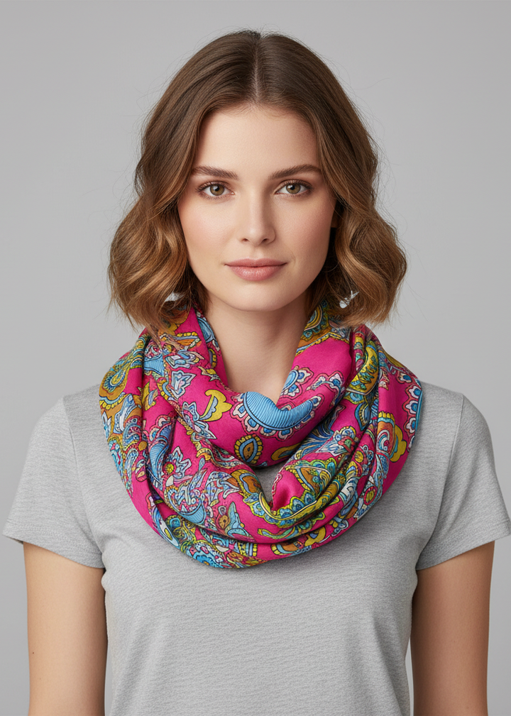 Vivid and bright colorful paisley loop scarf for women, lightweight infinity circle scarf with teardrop floral pattern.