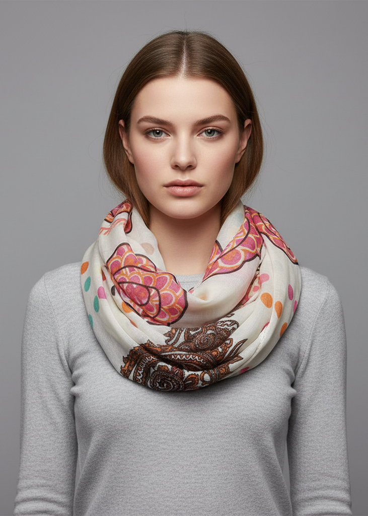 Vivid and lively lightweight paisley damask infinity loop scarf for stylish women's accessories.