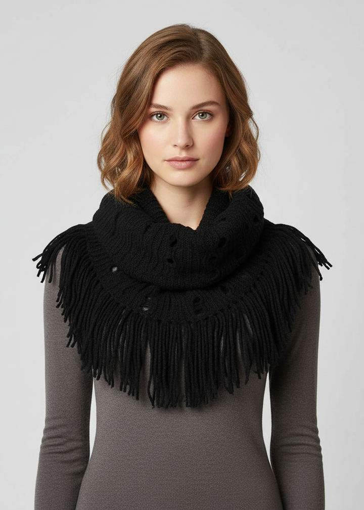 Black warm bohemian crochet hand-knitted infinity loop scarf with fringe detail.