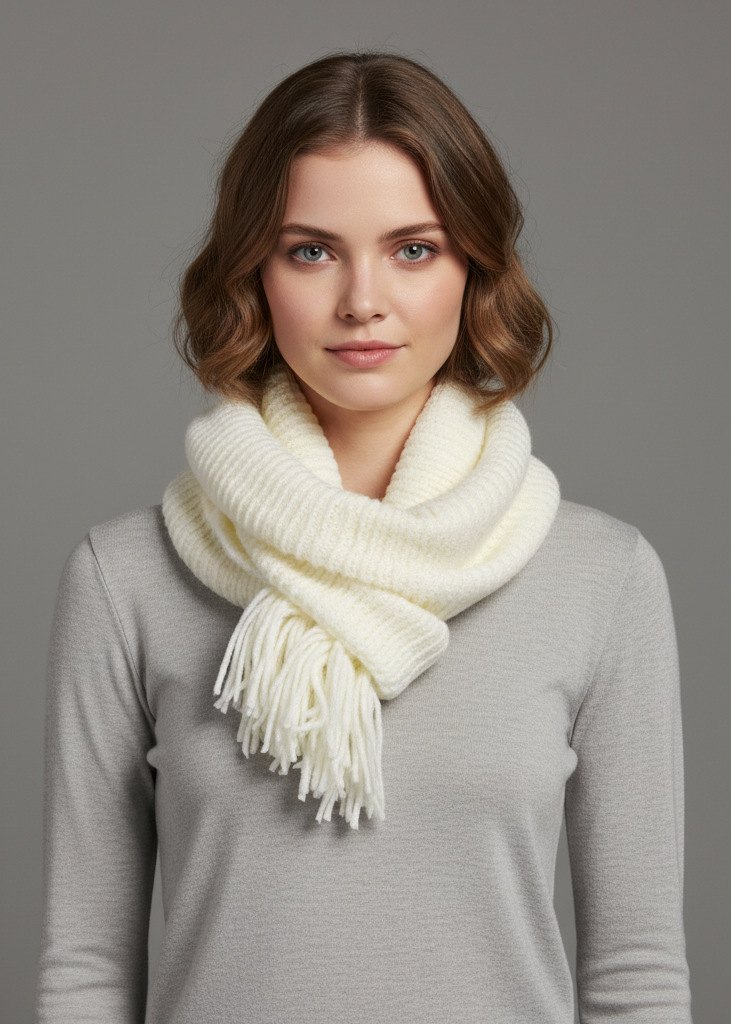 White warm bohemian crochet hand-knitted infinity loop scarf with elegant fringe detail.