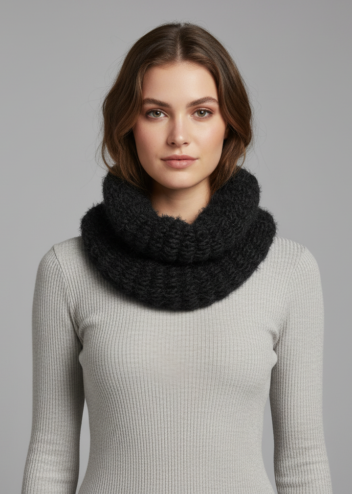Black chunky knit infinity scarf in warm fuzzy material for winter wear.
