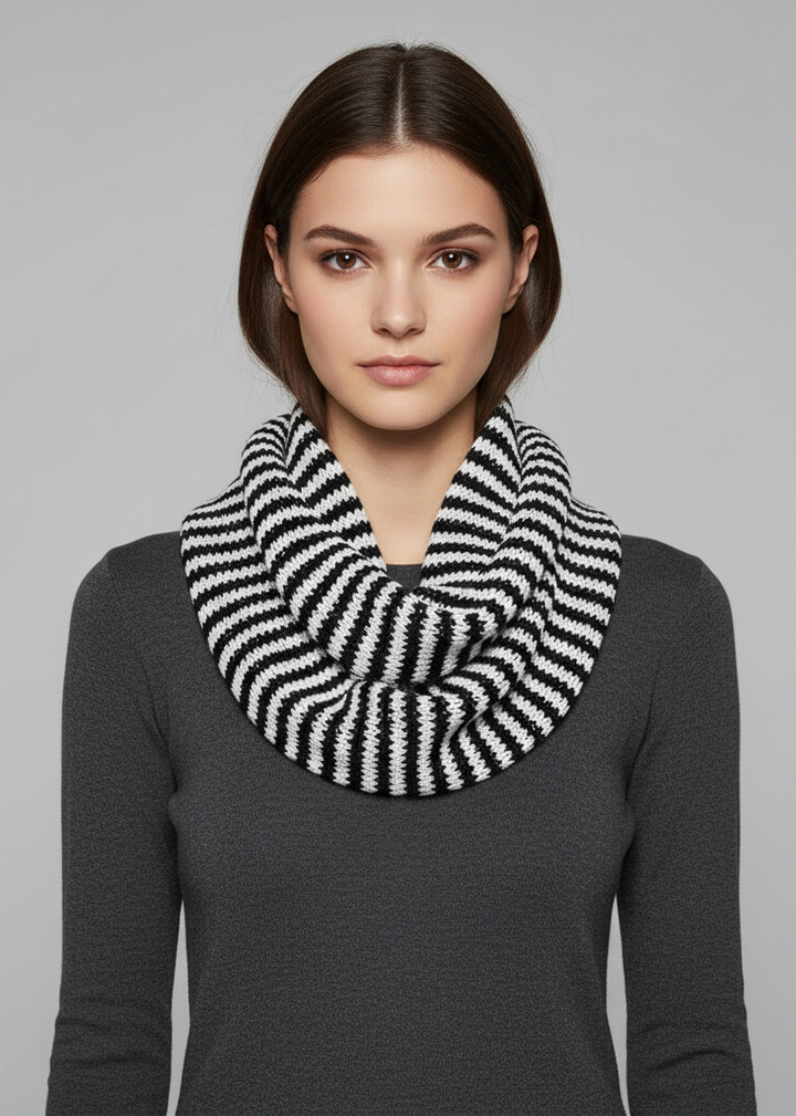 Warm knitted soft light striped infinity loop scarf in white and black for winter fashion.