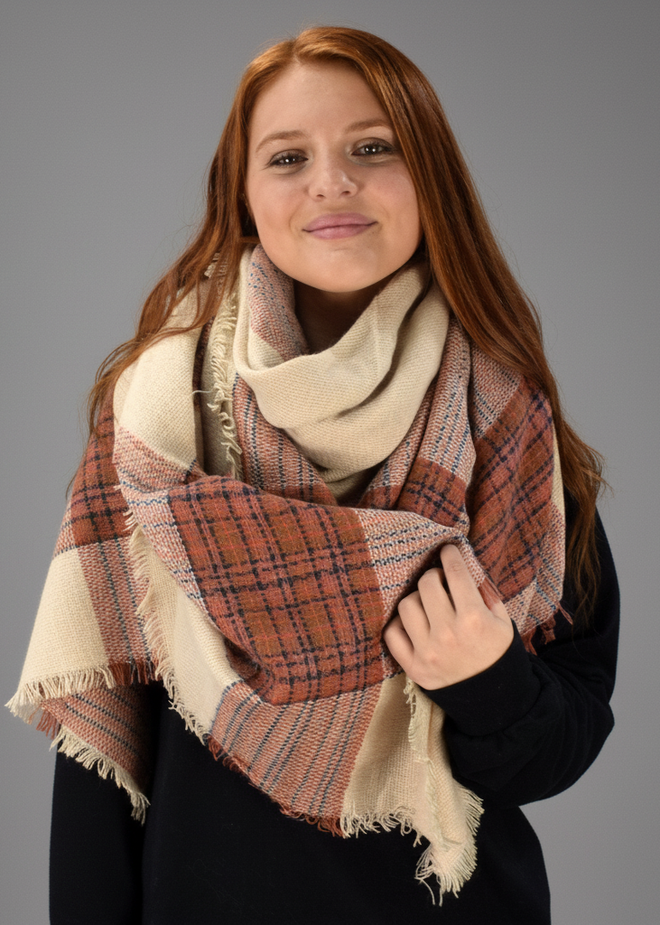 Beige warm tartan plaid woven oversized fringe scarf blanket shawl wrap