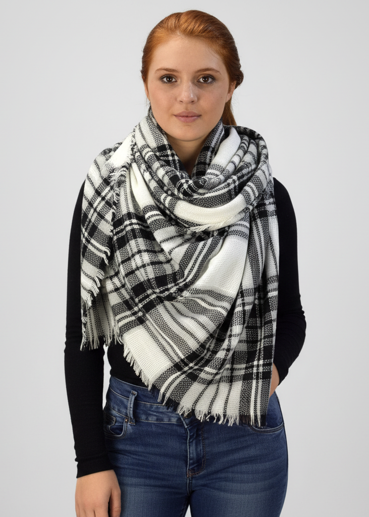 Black and white warm tartan plaid woven oversized fringe scarf blanket shawl wrap