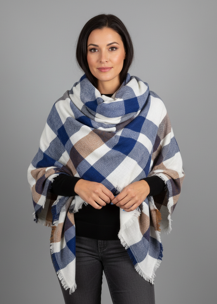 Blue and tan warm tartan plaid woven oversized fringe scarf blanket shawl wrap