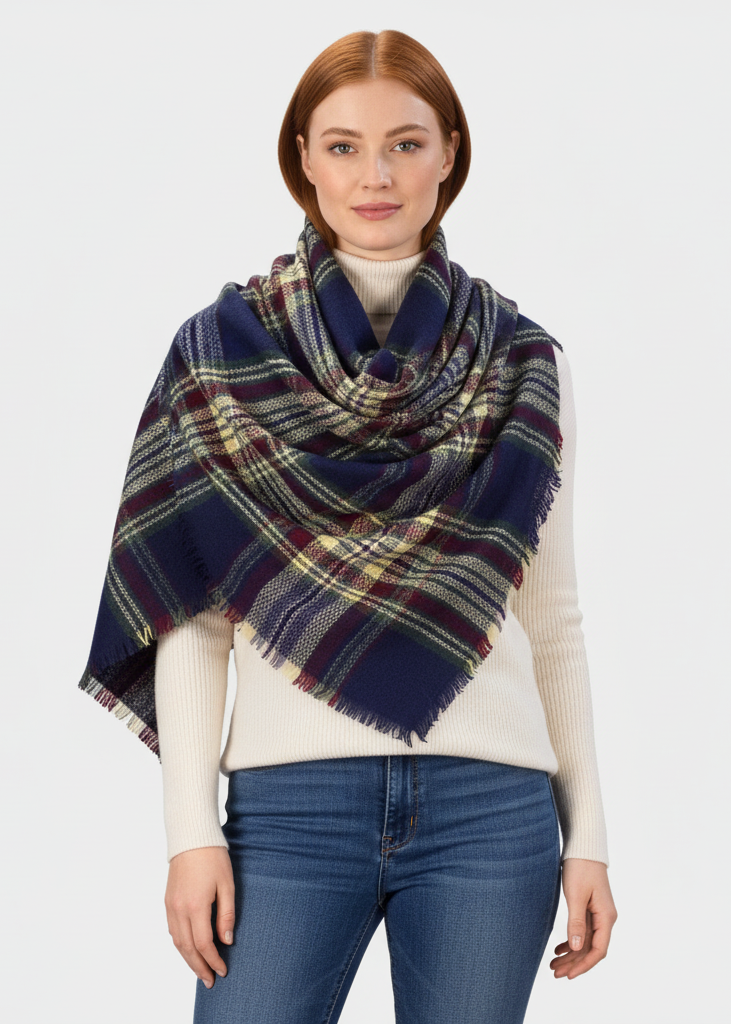 Brown navy warm tartan plaid woven oversized fringe scarf blanket shawl wrap