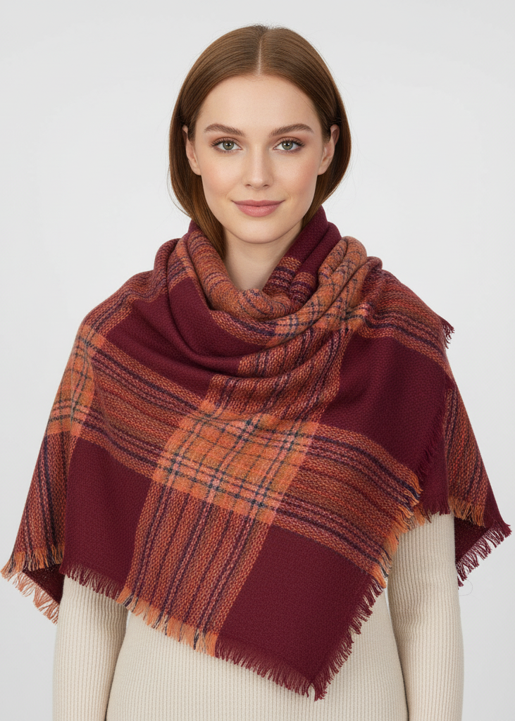 Maroon warm tartan plaid woven oversized fringe scarf blanket shawl wrap