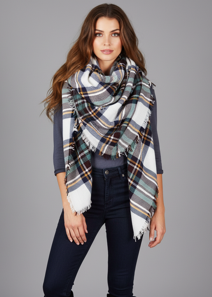 Navy brown warm tartan plaid woven oversized fringe scarf blanket shawl wrap