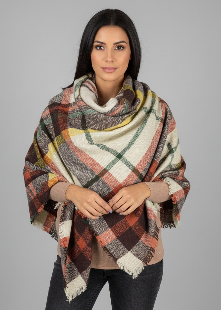 Orange and yellow warm tartan plaid woven oversized fringe scarf blanket shawl wrap