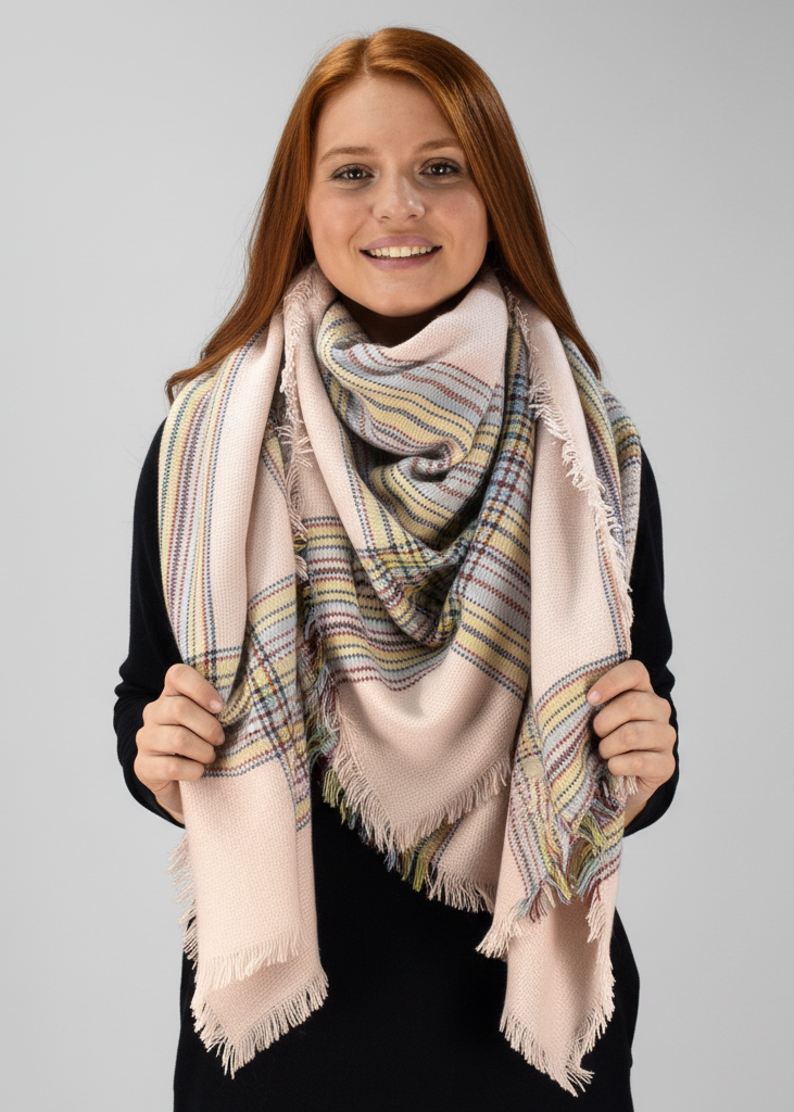 Pink and gray warm tartan plaid woven oversized fringe scarf blanket shawl wrap