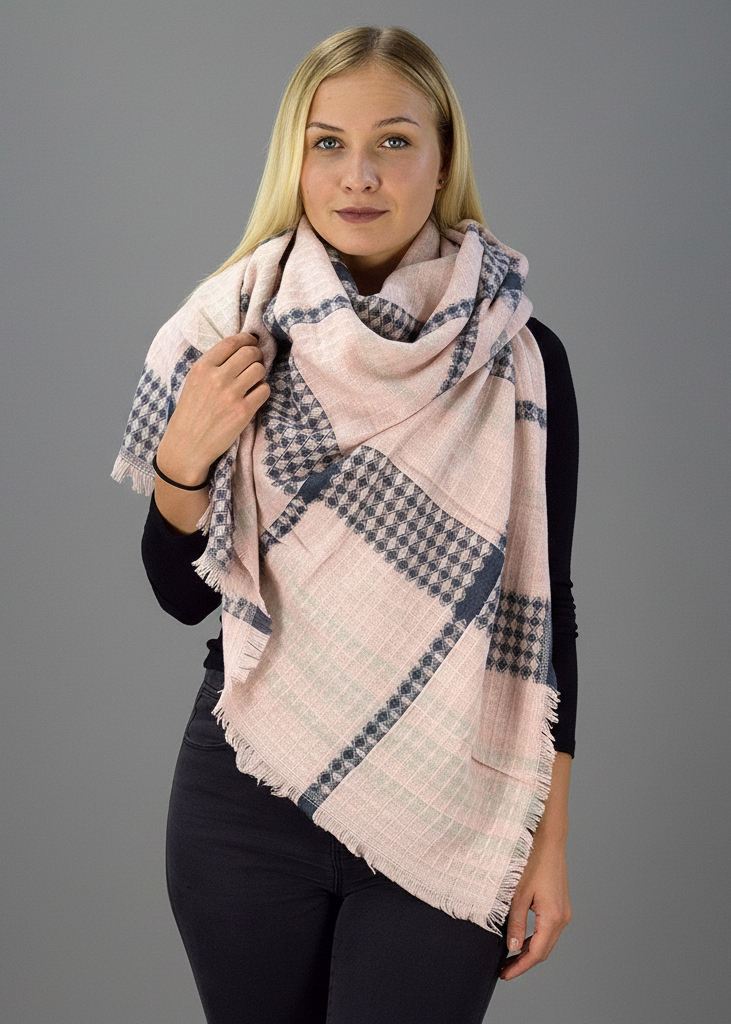 Pink navy warm tartan plaid woven oversized fringe scarf blanket shawl wrap