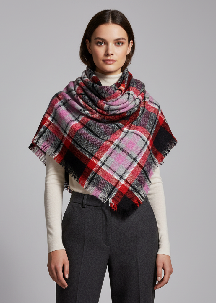 Purple black warm tartan plaid woven oversized fringe scarf blanket shawl wrap