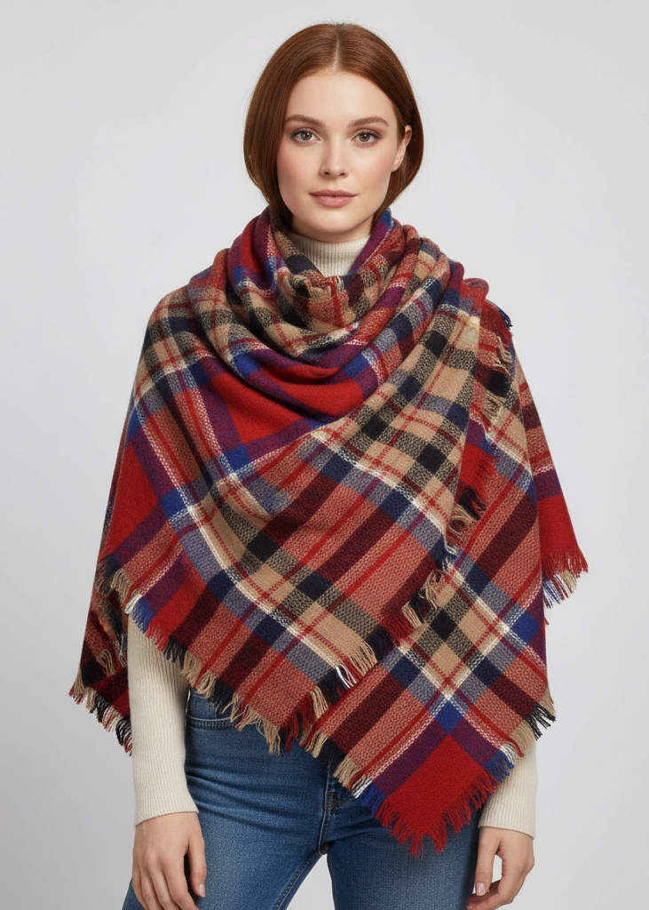 Red and black warm tartan plaid woven oversized fringe scarf blanket shawl wrap