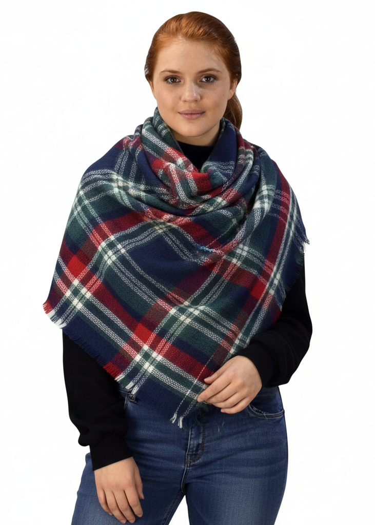 Red and green warm tartan plaid woven oversized fringe scarf blanket shawl wrap