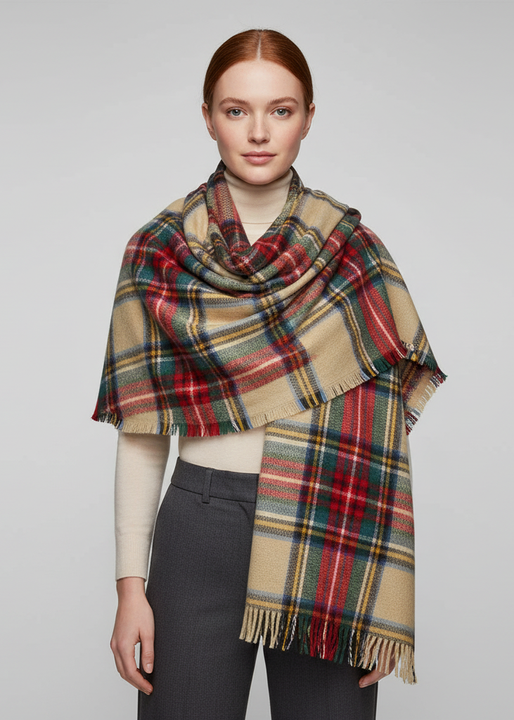 Tan plaid woven oversized fringe scarf blanket shawl wrap