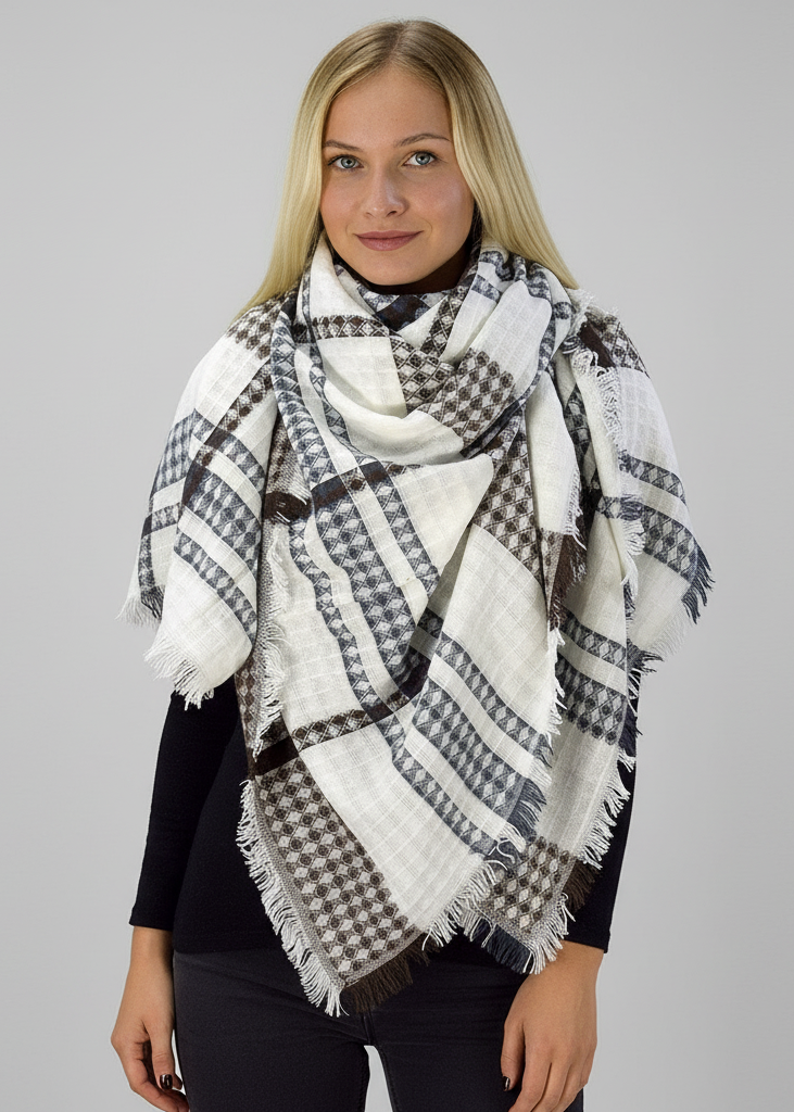 White and brown warm tartan plaid woven oversized fringe scarf blanket shawl wrap