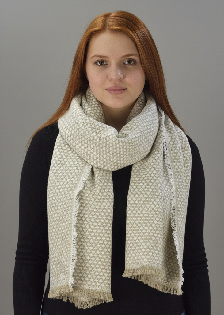 Beige oversized basket weave blanket scarf shawl with warm woven texture