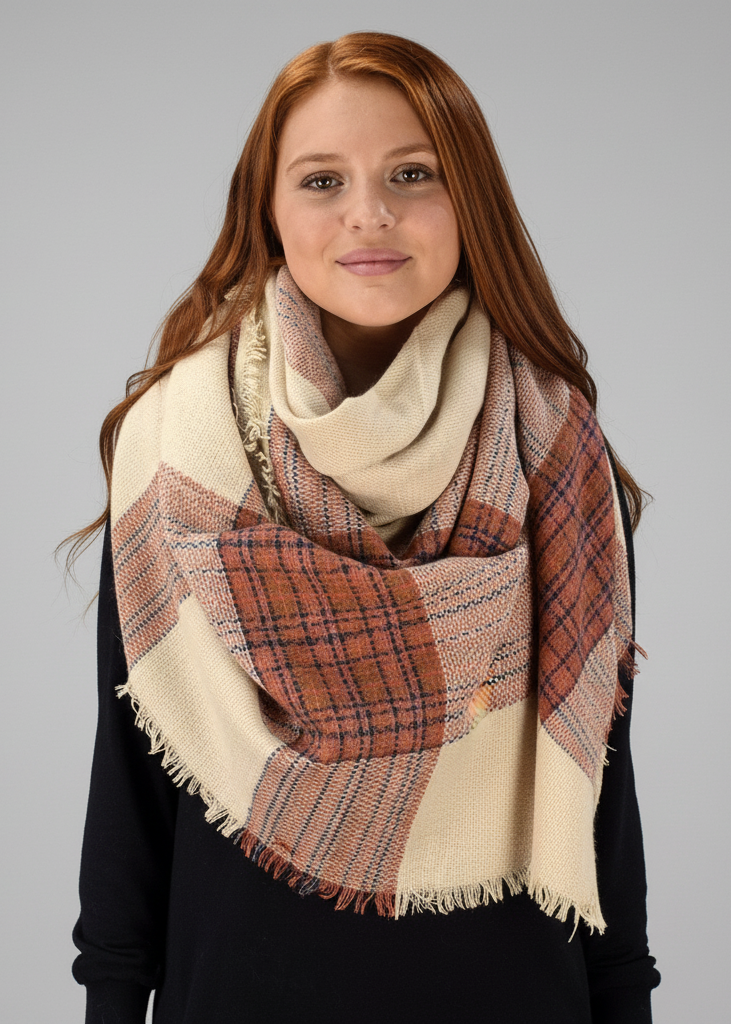 Beige and tan oversized woven blanket scarf with a striped tartan plaid pattern and fringe ends