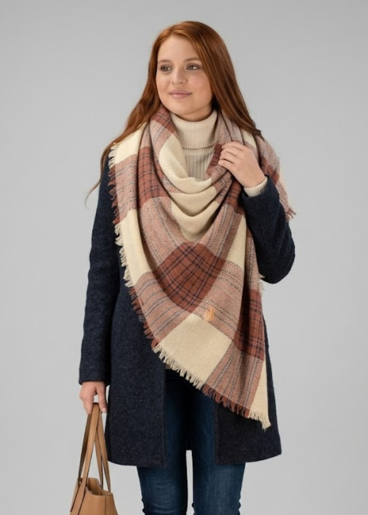 Beige oversized warm woven striped tartan plaid blanket scarf and shawl
