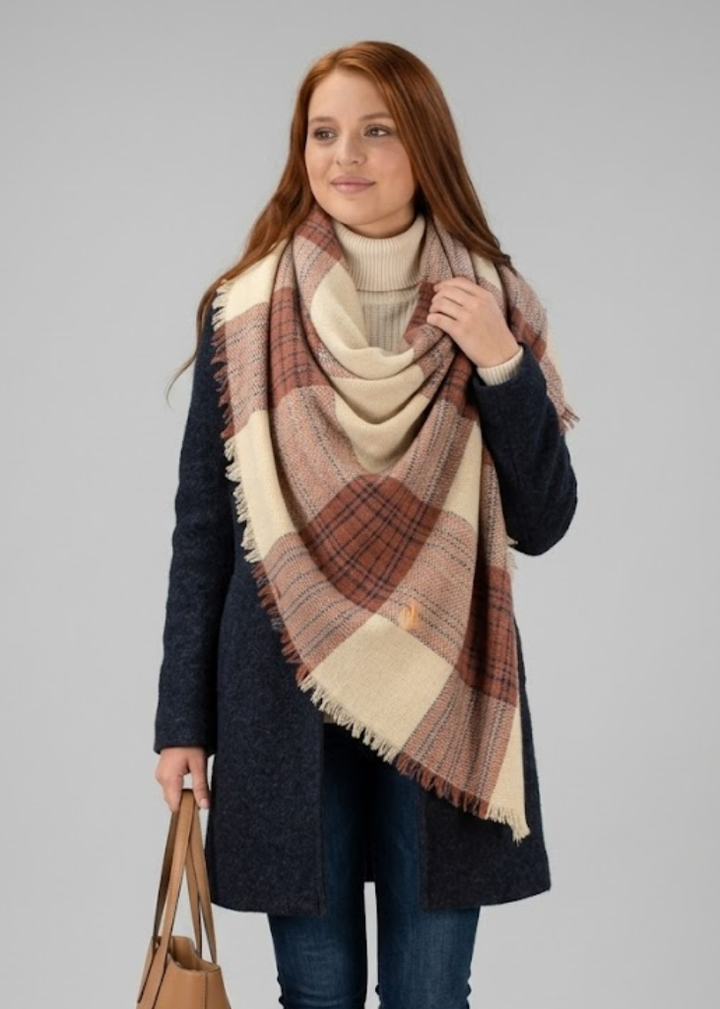 Beige oversized warm woven striped tartan plaid blanket scarf and shawl