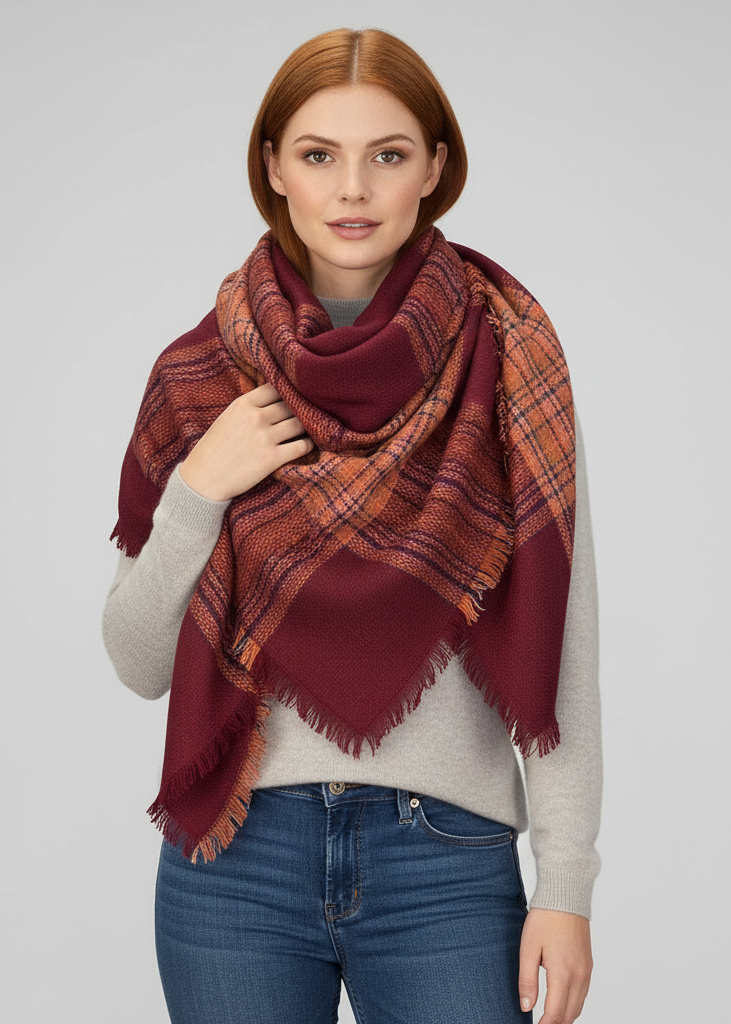 Maroon oversized striped tartan plaid woven blanket scarf shawl wrap