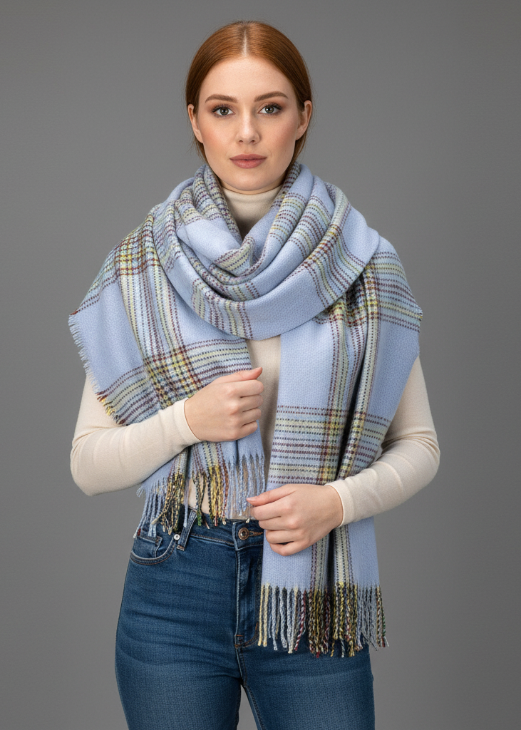 Periwinkle blue oversized woven tartan plaid blanket scarf shawl wrap with fringe edges