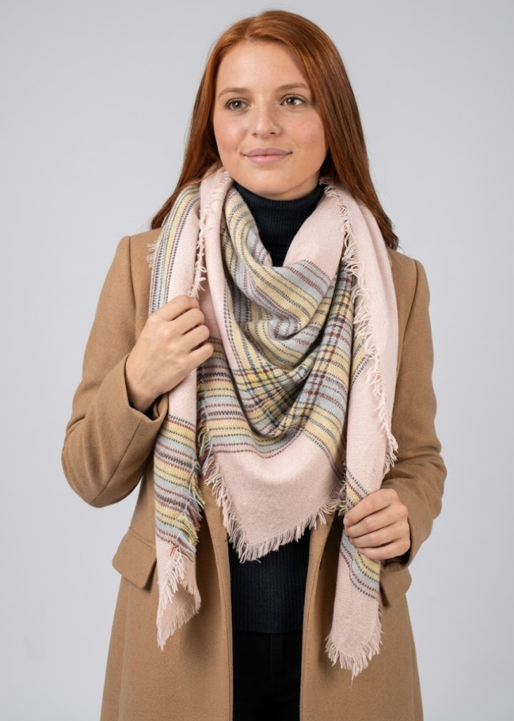 Warm pink woven oversized striped tartan plaid blanket scarf shawl wrap