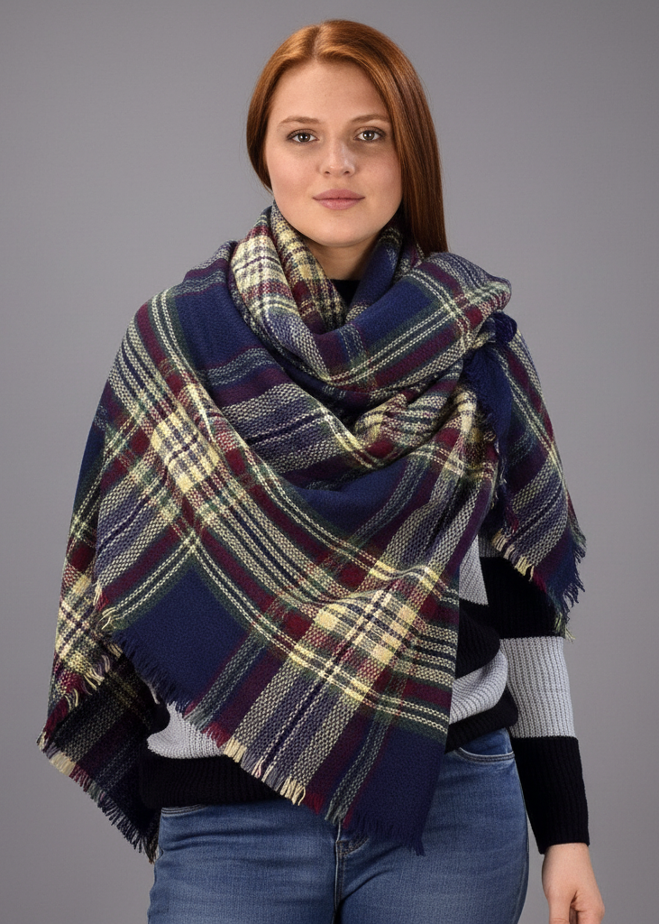 Brown and navy warm woven oversized tartan plaid blanket scarf shawl wrap